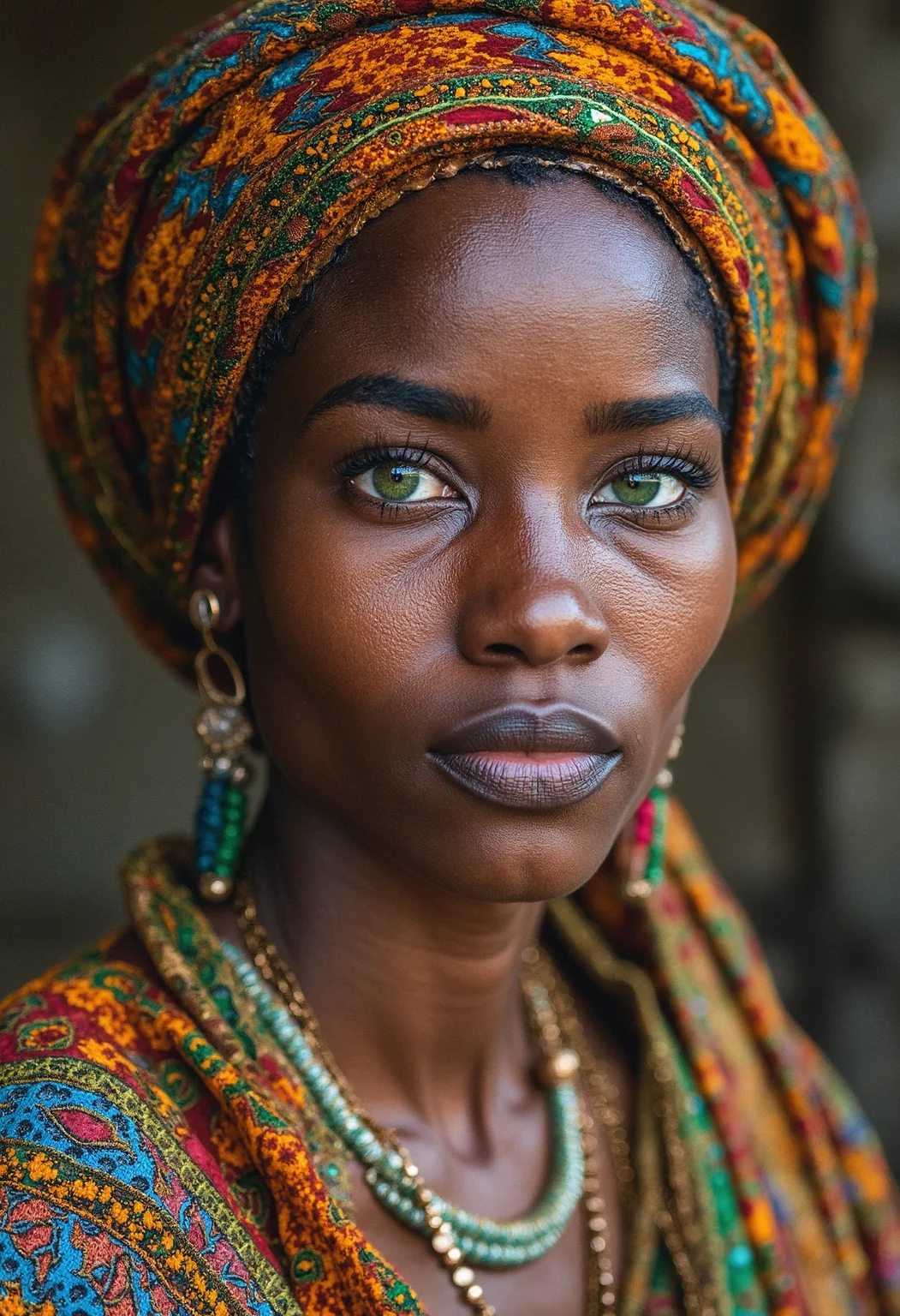 A breathtaking work of fine art photography, inspired by the iconic style of Steve McCurry, portrays a powerful portrait of a young Somali woman with striking green eyes. This cultural snapshot captures the essence and humanity of its subject through emotive imagery that transcends mere documentation. Rich colors burst from every corner of the frame, as if harkening to the vivid textiles and warm tones typical of the region's culture. The image was captured on analog film, imbuing it with a natural grain reminiscent of Kodachrome film stock. Intricate details abound in this masterpiece â from the delicate patterns adorning the woman's traditional headdress to the subtle wrinkles around her eyes that speak volumes about her life and experiences. The image is insanely detailed, yet maintains an organic feel through its use of natural lighting and expert compositional techniques, evoking a sense of intimacy and connection with the subject. This award-winning photography showcases the power of film as a medium for capturing not just images, but moments steeped in emotion and human storytelling.