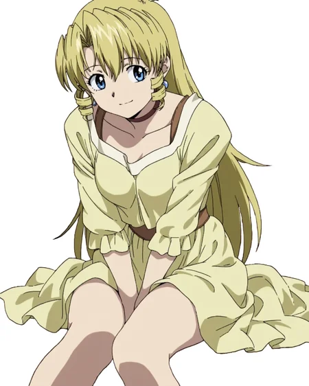 <lora:Pacifica_ill_v10:0.9> Pacifica Casull, 1girl, solo, jewelry, choker, sitting, light yellow dress, earrings, smile, light smile, hands between thighs, simple background, white background, high quality, highres, absurdres, super detailed skin
