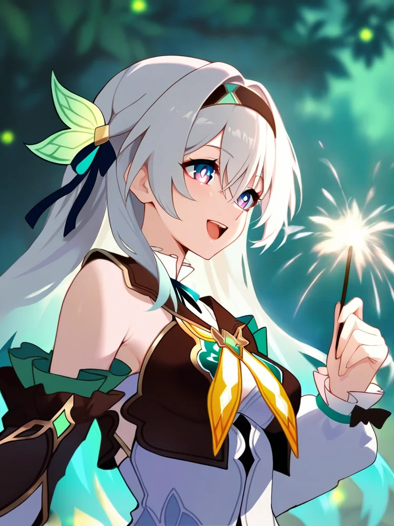 masterpiece, best quality, very aesthetic, highres, absurdres,(miurahha, bacius, ririko \(fhnngririko\):0.4),<lora:star_rail_all-000014:1>ï¼1girl, aqua hair, black hairband, cropped jacket, detached sleeves, fireflies, firefly (honkai: star rail), floating hair, gradient hair, grey hair, hair between eyes, hair ornament, holding fireworks, long hair, long sleeves, multicolored eyes, open mouth, outdoors, smile, solo, upper body, white shirt, yellow neckerchief