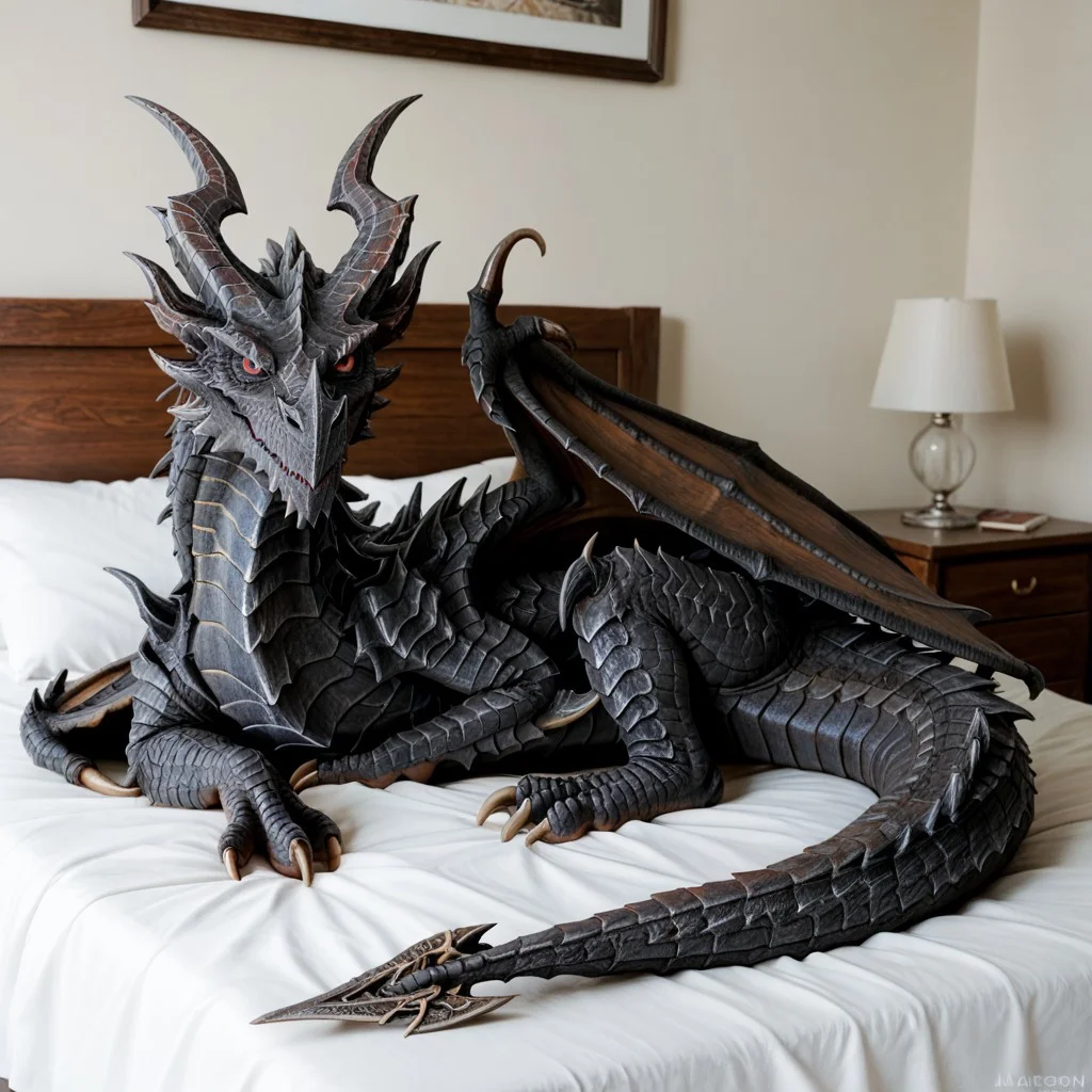 score_9, score_8_up, score_7_up, score_6_up, masterpiece, high quality, realistic, detailed, best quality, solo, rating_safe, source_furry, bedroom, smiling, seductive, looking at viewer, on bed, negative_hand, full body, alduin_skyrim, dragon, black scales, wings, horns, tail, male, 1boy, red sclera, red eyes, wyvern, (no hands, no claws, full body), feral