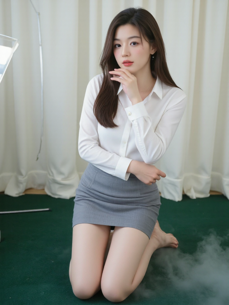 There are wonderful studio lights and various reflections,
18yo beautiful cute girl with blushing and female orgasm.skin naturally showing the texture of blood vessels and detailed pale skin,
--,fog and smoke around,
<lora:Gianna_Jun_f1a:1>,she is Gianna Jun,a beautiful korean actress., --,This image captures a young woman kneeling on a carpet,creating a sensual yet professional atmosphere. She wears a white shirt and gray skirt uniform,paired with nude stockings,the combination formal yet alluring. The open design of the shirt and the cut of the skirt skillfully accentuate her graceful figure,especially the lines of her legs,which appear even more seductive under the stockings. The contrast between the white of the shirt and the gray of the skirt creates a subtle yet tempting visual effect.The model's pose is confident yet slightly provocative. She kneels on the carpet,her legs together,her body slightly leaning forward,one hand near her mouth,the other resting naturally on the carpet,her gaze directed at the camera,her full red lips exuding a confident and captivating aura. Her long,smooth hair falls over her shoulders,adding a touch of soft elegance.The background is a modern indoor space,with light-colored curtains and a deep green carpet that complement the overall color scheme. The background includes curtains and walls,creating a minimalist and fashionable atmosphere. The room's soft lighting casts a healthy glow on the model's skin.The overall image successfully creates a sensual,provocative,and confident atmosphere through the skillful combination of the model's pose,attire,expression,and the background. The image showcases the model's self-confidence and allure. The lighting and color palette also contribute significantly to the overall ambiance.,