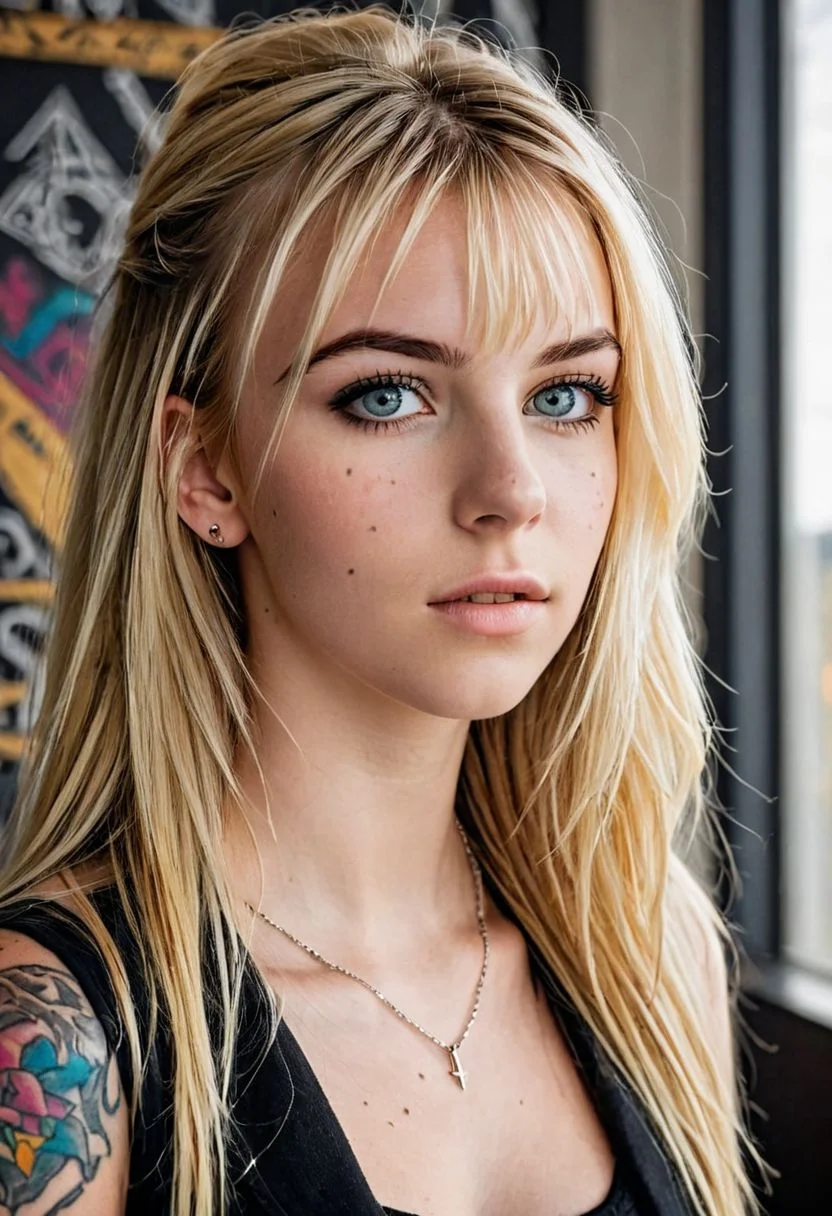 Upper body of a gothic girl, Bestface1, Bestbody1,
wearing black, blonde hair with bangs, long hair, blonde hair, storm clouds, whimsical charm, ethereal glow, tack sharp focus on eyes, large breast,
wearing a sleevless shirt, unblemished skin, pore correlation, (((colorful tattoos))), necklace,collar,chain,
hyperdetailed,epiCRealism, vibrant color,amazing quality, masterpiece, best quality, hyper detailed, ultra realistic lighting, UHD, soft shadows, high Dynamic,alluring, seductive, dark dreams, from side,SkinHairDetail,posing, Freckles, Natural skin, Beuty , 1dk, portrait, d3t41l3d