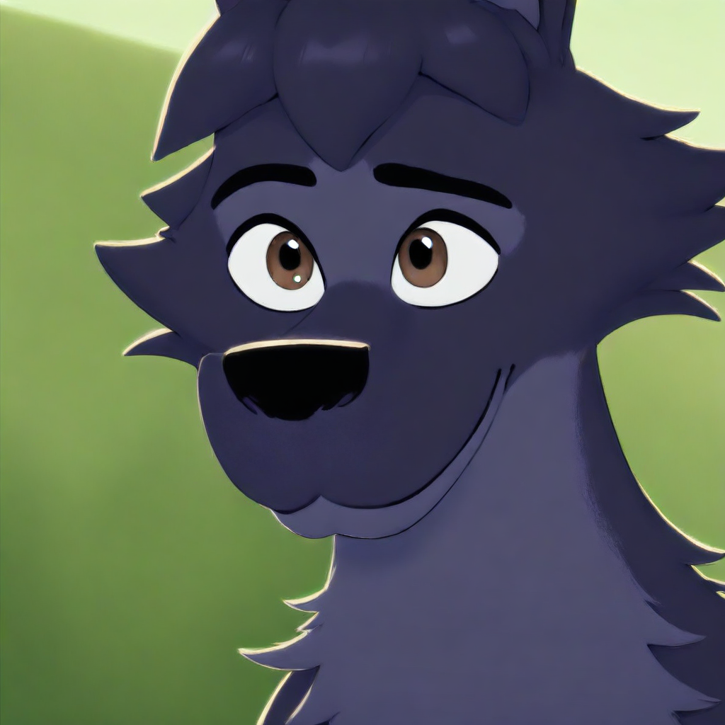 Lupin(character), dog, male, black fur, brown eyes, Outside, solo, smile, upper body