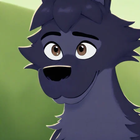 Lupin(character), dog, male, black fur, brown eyes, Outside, solo, smile, upper body