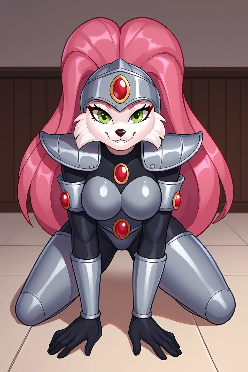 score_9, score_8_up, score_7_up, score_6_up, BREAK, JennyBOHXLv2, anthro furry, furry female, white fur, green eyes, pink hair, long hair, grey helmet, forehead red jewel, medium breasts, grey armor, red jewel, shoulder armor, black bodysuit, armlet, guantlets, black gloves, armored thigh boots, solo, full body, all fours, seductive smile, looking at viewer, indoors <lora:JennyBOHXLv2:0.8>