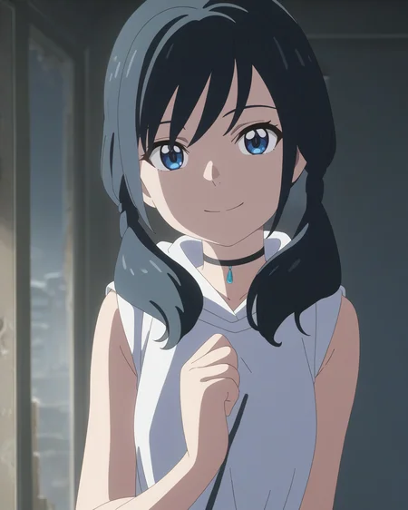 best quality,masterpiece,highres,absurdres,1girl,solo,newest,rating: general, <lora:Amano_Hina_XL-step00001400:0.75> ,(hina_xl, twintails, blue eyes, low twintails, hood, black choker, sleeveless, anime coloring),looking at viewer,smile,abandoned building