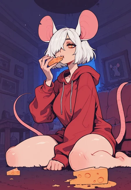 score_9, score_8_up, score_7_up, masterpiece, best quality, very aesthetic, incoth, (incase:0.6), detailed face, (dynamic:1), 1woman, white hair, amber eyes, white pupils, short hair, hair over one eye, mouse ears, mouse tail, closeup, wariza, w sitting, huge piece of cheese, eating cheese, exhausted, full, resting, dark red oversized hoodie, mature, (lips:0.4), intricate lighting, giant surroundings, giant living room, giant furniture, cheese in hand, hunched over