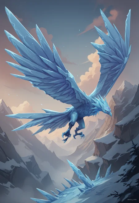 score_9, score_8_up, score_7_up, score_6_up, score_5_up, score_4_up, 1girl, <lora:Anivia:0.85> solo, bird, no humans, wings, ice, colored skin, blue skin, feral, forehead jewel, flying,
(mountains background) sky, clouds,