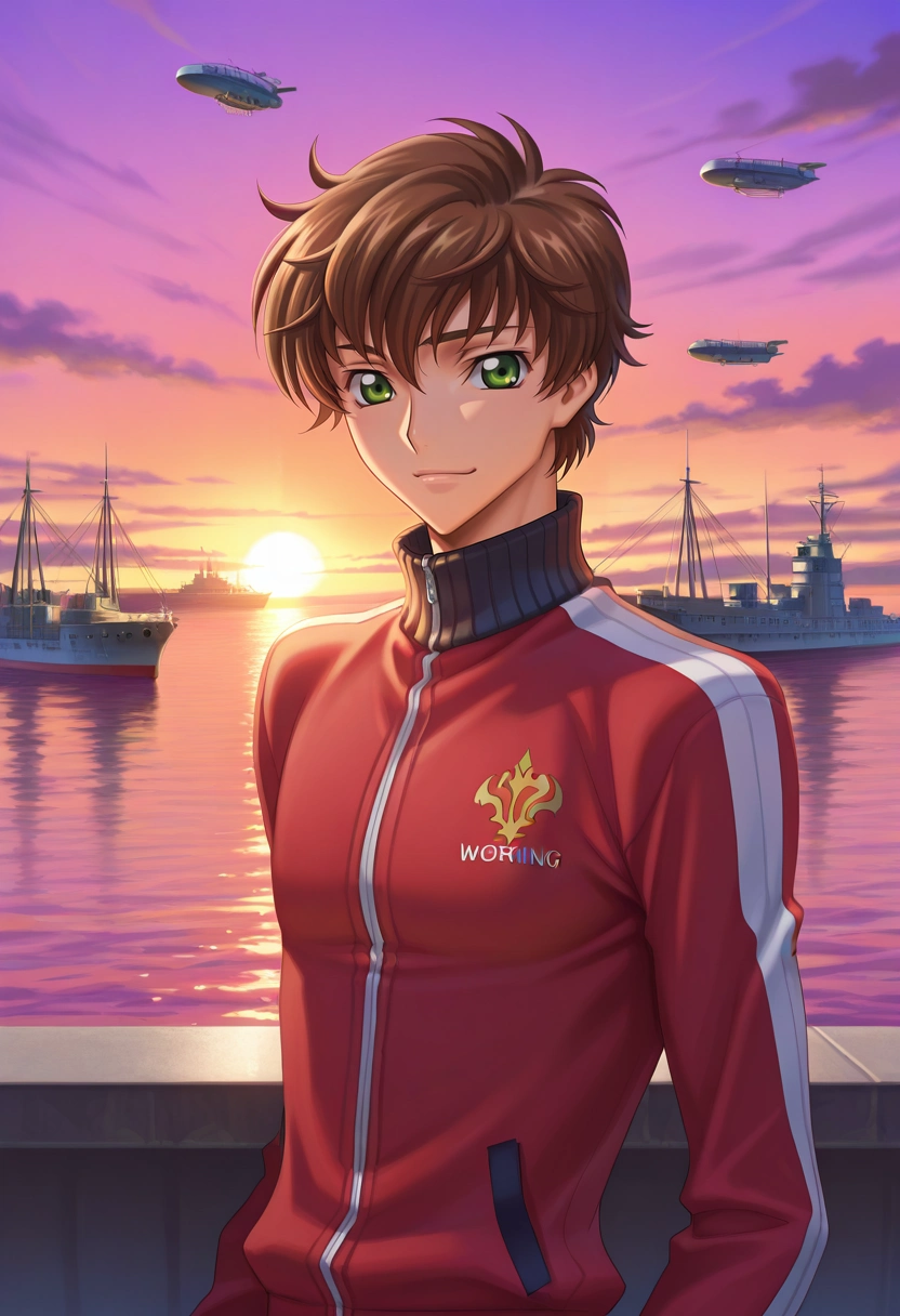 masterpiece, best quality, , (photorealistic:0.6), looking at viewer, 1boy, solo, male focus, <lora:suzaku_kururugi_ilxl:0.9>, suzaku_kururugi, brown hair, green eyes, , sky dock, airships, cloud sea, loading cargo, working pose, busy expression, sunset, tracksuit,