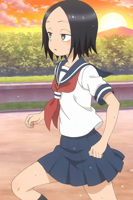 masterpiece,best quality,good quality,rating safe,, <lora:tsukimoto_sanae-ill_narcissu:1>,sanae, tsukimoto_sanae, karakai jouzu no takagi-san,1girl, solo, black hair, short hair, black eyes, grey eyes, bangs, parted bangs, serafuku, red neckerchief, blue sailor collar, short sleeves, white shirt,blue skirt,black socks,anime screencap,outdoor,running,heavy beathing,sports,wet,from side,sunset