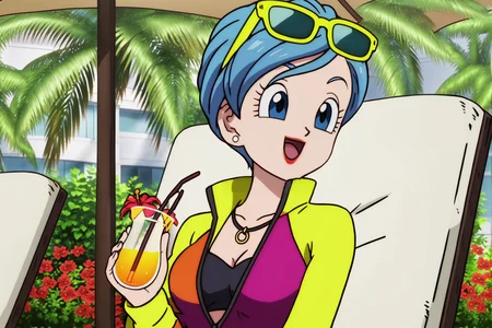 source_anime, score_9, score_8_up, score_7_up, anime screencap,8k, absurd res,
bulma, 1girl, solo, smile, short hair, open mouth, blue eyes, holding, jewelry, blue hair, jacket, upper body, flower, :d, earrings, outdoors, day, tree, cup, eyelashes, makeup, chair, happy, sunglasses, lipstick, red flower, eyewear on head, drinking glass, drinking straw, drink, palm tree, hibiscus, multicolored jacket, tropical drink, purple jacket, yellow sleeves, black bra, partially unzipped, necklace, looking at another, coconut
<lora:bulmaDBS_pony_v3:0.8>