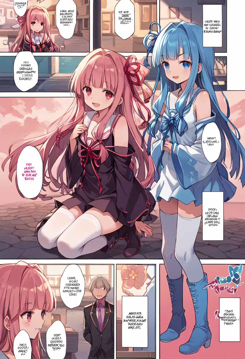 (nsfw:1), (Uncensored:1),
score_9, score_8_up, score_7_up, source_anime, BREAK
 <lora:FComic1To3Page_Pony_V1:1>(1page),comic,Multi view, Frame, Text, speech bubble, frame, heart, trembling, focus line, vibrating line, comic expression, Sound effect,
1girl, solo focus,
(full body:1.3), (cowboy shot),
blush, open mouth, smug, smirk,
<lora:Kotonoha_MMD_Pony_V1:0.85>KotonohaMMD, pink eyes, long hair, bangs, blunt bangs, sidelocks, very long hair, hair intakes,hair ribbon, ribbon, hair ornament, hair tie,  yagasuri,
dress,sleeveless, bare shoulders, collared dress,  wide sleeves, long sleeves,
zettai ryouiki, thighhighs, thighhighs under boots, knee boots,
2 girls, sisters, kotonoha akane, kotonoha aoi, blue hair, pink hair,
(mature female:1), huge brests:1, shiny skin, oily skin, Thick thighs, voluptuous lower body,