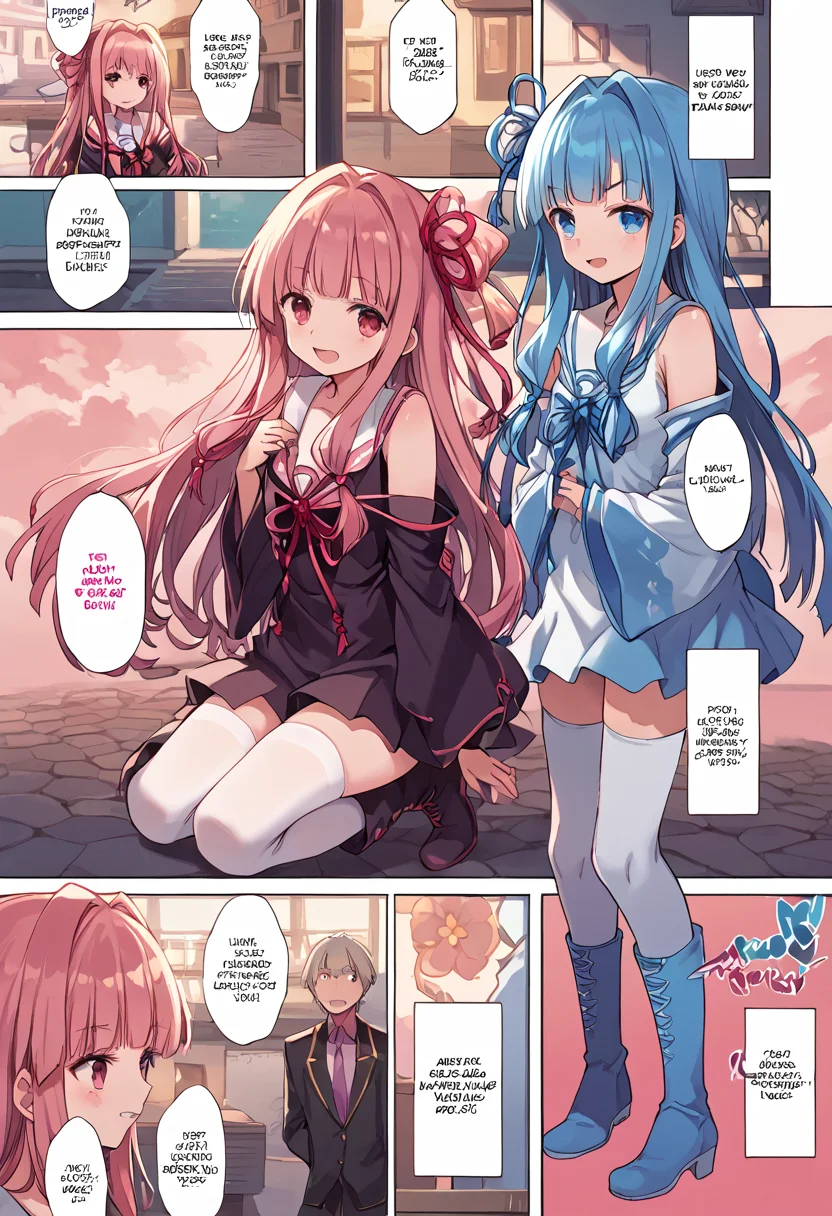 (nsfw:1), (Uncensored:1),
score_9, score_8_up, score_7_up, source_anime, BREAK
<lora:FComic1To3Page_Pony_V1:1>(1page),comic,Multi view, Frame, Text, speech bubble, frame, heart, trembling, focus line, vibrating line, comic expression, Sound effect,
1girl, solo focus,
(full body:1.3), (cowboy shot),
blush, open mouth, smug, smirk,
<lora:Kotonoha_MMD_Pony_V1:0.85>KotonohaMMD, pink eyes, long hair, bangs, blunt bangs, sidelocks, very long hair, hair intakes,hair ribbon, ribbon, hair ornament, hair tie, yagasuri,
dress,sleeveless, bare shoulders, collared dress, wide sleeves, long sleeves,
zettai ryouiki, thighhighs, thighhighs under boots, knee boots,
2 girls, sisters, kotonoha akane, kotonoha aoi, blue hair, pink hair,
(mature female:1), huge brests:1, shiny skin, oily skin, Thick thighs, voluptuous lower body,