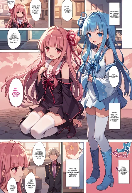 (nsfw:1), (Uncensored:1),
score_9, score_8_up, score_7_up, source_anime, BREAK
 <lora:FComic1To3Page_Pony_V1:1>(1page),comic,Multi view, Frame, Text, speech bubble, frame, heart, trembling, focus line, vibrating line, comic expression, Sound effect,
1girl, solo focus,
(full body:1.3), (cowboy shot),
blush, open mouth, smug, smirk,
<lora:Kotonoha_MMD_Pony_V1:0.85>KotonohaMMD, pink eyes, long hair, bangs, blunt bangs, sidelocks, very long hair, hair intakes,hair ribbon, ribbon, hair ornament, hair tie,  yagasuri,
dress,sleeveless, bare shoulders, collared dress,  wide sleeves, long sleeves,
zettai ryouiki, thighhighs, thighhighs under boots, knee boots,
2 girls, sisters, kotonoha akane, kotonoha aoi, blue hair, pink hair,
(mature female:1), huge brests:1, shiny skin, oily skin, Thick thighs, voluptuous lower body,