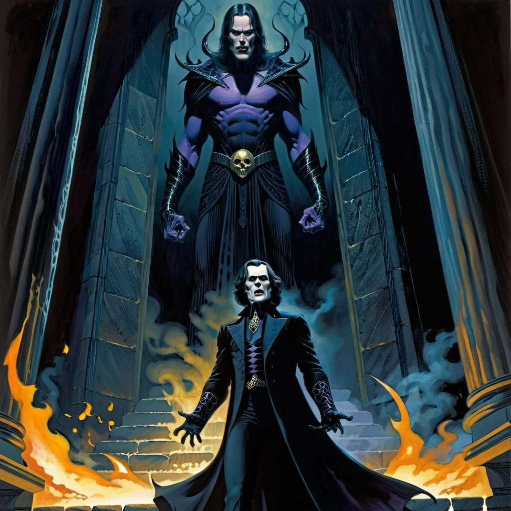 color illustration in (berniewrightson:1.5) style, extremely detailed, masterpiece, tenebrism, high contrast,
inside a dark evil gothic temple, torches, and magic circle, cult followers chanting to summon demon, ( Abaddon:3) , incantation, glowing floating magical lights, mists and vapors. lighting from below
huge demon rising out of a magical glowing chasm, hero pose
<lora:BernieWrightson_Style_XL_V4.1:0.7>