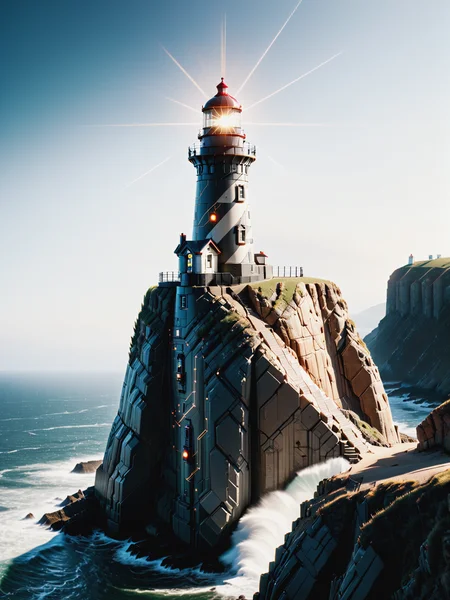 mad-circuit lighthouse on a cliff, dynamic_pose, light smile, cinematic shot <lora:Coloruful_Circuit_SDXL_v2:1>