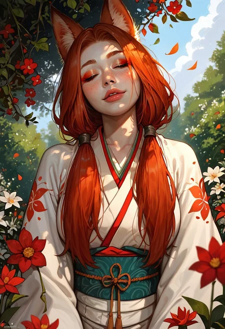 score_9_up, score_9, score_8_up, score_8, score_7_up, score_7, cinematic lighting, raw, high quality, 4k resolution, absurdres, masterpiece, dynamic lighting, high contrast, morimee_style, detailed face, 

1girl, solo, (kitsune), (fox ears), (mature), ((((pale skin)))), (closed eyes), ((red makeup)), ((redhead hair)), freckles on face, freckles on shoulders, ((long hairs, low ponytail)), [[average breasts]], (excited), (arched eyebrow), (white japanese kimono), kneeling, (long nails), head tilt, ribbon in hairs, flower in hairs,

(below view), (Sakura, garden, flowers, night), depth of field, blurred background