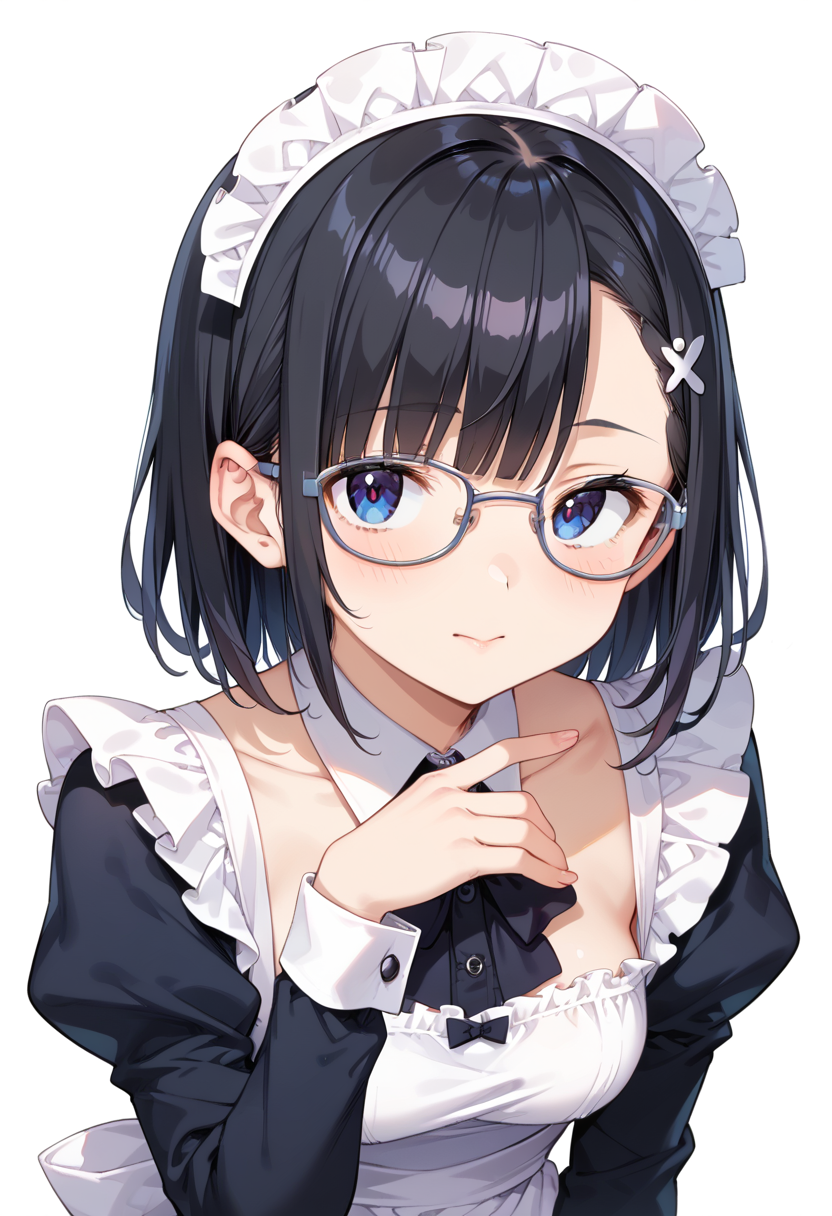 score_9, score_8_up, score_7_up, rating_safe, masterpiece, best quality, absurdres, unity 8k wallpaper, official art, official style, source_anime, uncensored, game cg, megami magazine,
1girl, solo, black hair, medium hair, upper body, covered eyes,maid, maid headdress, black dress, maid apron, face focus,
oval_metal, glasses, still life, white background, simple background, grey-framed eyewear,
 <lora:glasses_OvalMetal1_PONY_V1:1>