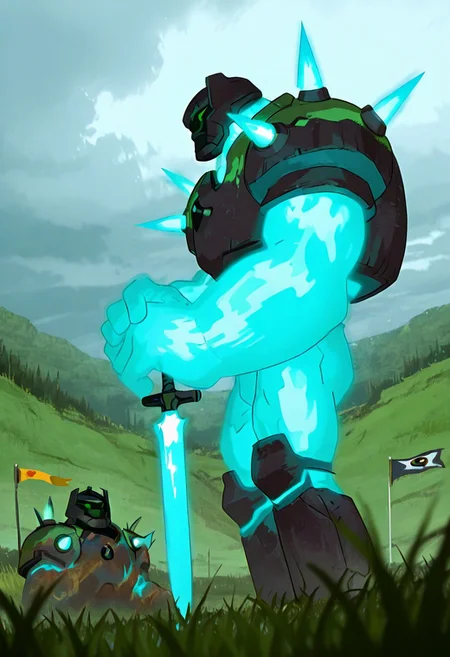 masterpiece, best quality, amazing quality, very aesthetic, absurdres, newest, , detailed background,
movie scene, cinematic scene, cinematic, foreground blur, depth of field,
shckrck, glowing, shoulder spikes, green eyes, helmet, neon trim, blue fire, big arms, massive arms, blue arms, no humans,
knight helmet, from below, flat grass field, ready for battle, holding sword, grass, side view, flags, battle area, dead bodies, M4gicalL1nes