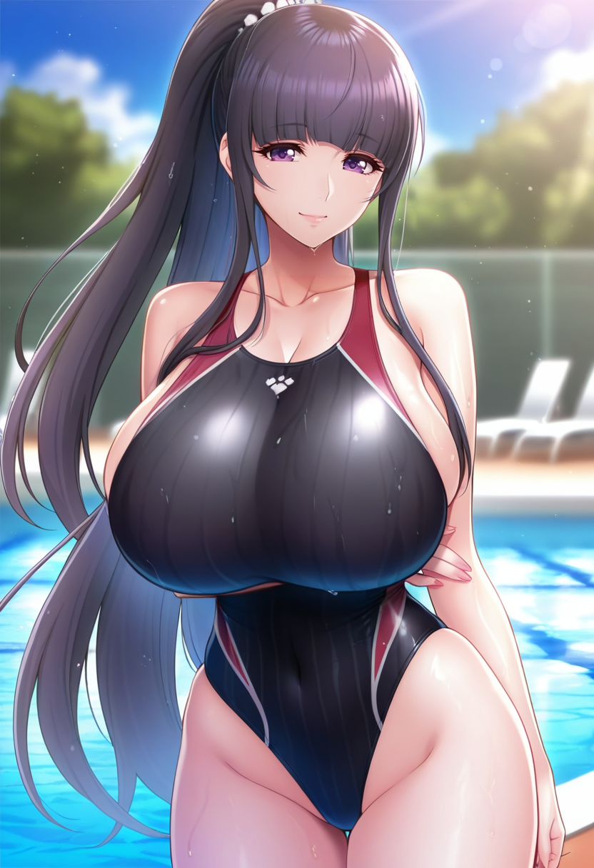 masterpiece, best quality, amazing quality,tomoe tajika, purple eyes, black hair, mature female, long hair, blunt bangs, ponytail, 1girl, breasts, solo,huge breasts,swimsuit, one-piece swimsuit,competition swimsuit,highleg swimsuit, black one-piece swimsuit,closed mouth, light smile, standing, looking at viewer, outdoors, pool, blurry background <lora:tomoe tajikaV1:0.9>