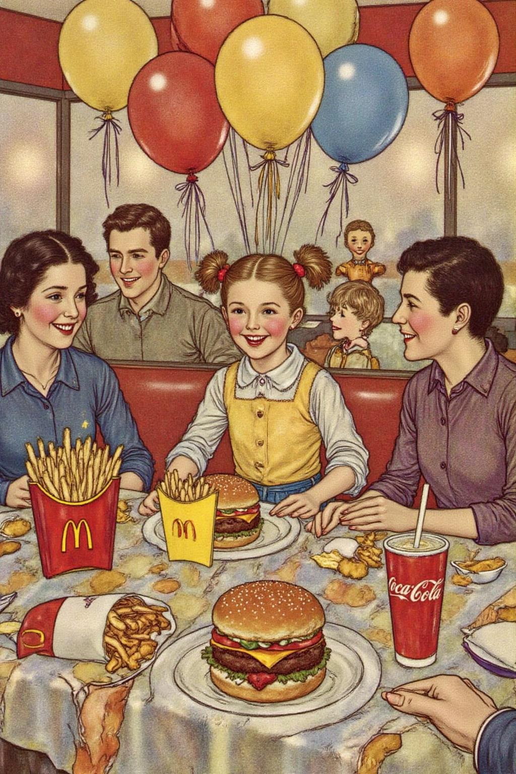 dulac1 illustration. A four-year-old girl with twin pigtails is celebrating her birthday at McDonald's, a place that feels like a magical playground for children. The joy on her face is unmistakable as she sits at a table set with a colorful array of items: crispy McDonald's fries in a bright yellow packet, a refreshing cup of Coca-Cola, and a juicy hamburger wrapped in its iconic packaging. Her pigtails bounce playfully as she moves, adding to the lively atmosphere. The table is also adorned with festive decorations, including balloons and streamers that match the vibrant McDonald's red and yellow color scheme. Family members gather around, their smiles reflecting the warmth and love of the occasion. The lighting inside the restaurant is soft yet bright, creating a welcoming environment that highlights the happiness of the moment. This scene captures the pure delight and excitement of a young child's birthday celebration, set against the backdrop of a beloved fast-food chain, where simple pleasures bring immense joy <lora:dulac2_cap_d6a3e15:1.0><lora:816566307949627349:0>