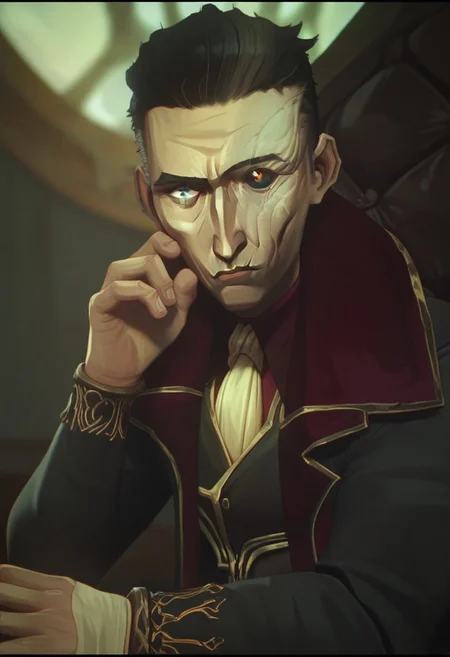 score_9, score_8_up, score_7_up, score_6_up,
s1lc0 , Silcochembarons, Silco /(league of legends arcane/), solo, looking at viewer, short hair, bangs, blue eyes, shirt, black hair, long sleeves, 1boy, sitting, closed mouth, jacket, yellow eyes, upper body, male focus, hand up, blurry, black jacket, ascot, heterochromia, colored sclera, scar across eye, black sclera ,/(league of legends arcane/),