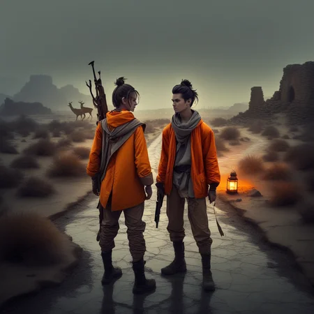 grey sky, holding weapon, orange jacket, desert, ruins, single hair bun, hair bun, lantern, pants, 2boys, road, landscape, field, water, fire, rock, black hair, deer