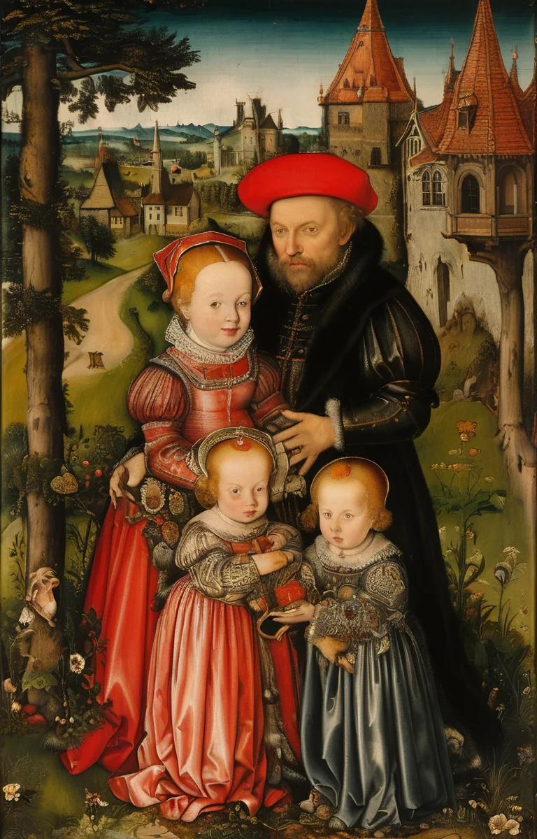 masterpiece,best quality,<lora:tbh282-sdxl:0.9>,illustration,style of Lucas Cranach the Younger portrait of family