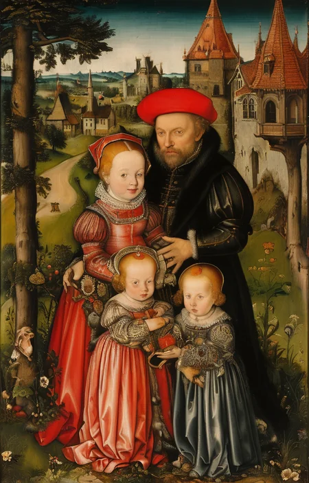 masterpiece,best quality,<lora:tbh282-sdxl:0.9>,illustration,style of Lucas Cranach the Younger portrait of family