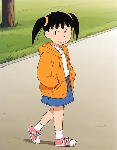 (masterpiece:1.4), (best quality:1.4),  very aesthetic, newest,best quality, amazing quality, absurdres,
anime screenshot,retro artstyle
1girl,,solo,noyama_azusa,twintails,black hair,black eyes,hair ornament,,white socks,clew_socks,no shoes
 <lora:noyama_azusa_v9:1>
orange hoodie,open hoodie,white polo shirt,denim skirt,sneakers,
looking at viewer
walking, smile,hands in pocket,outdoor,looking away