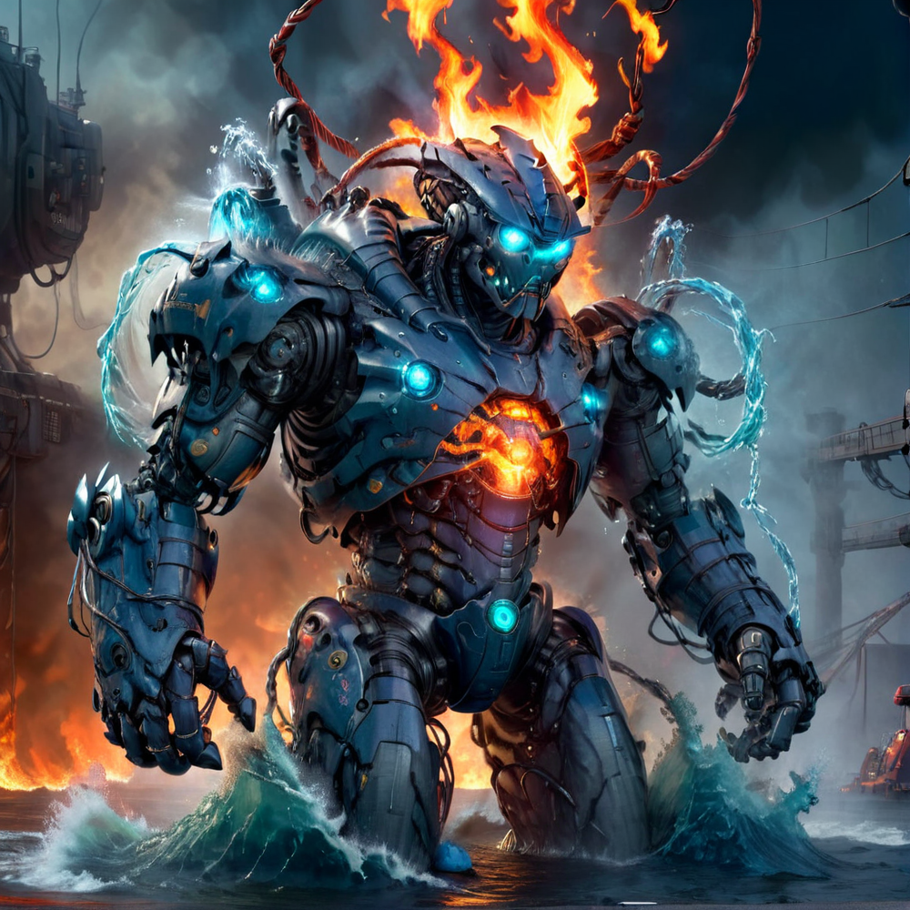 masterpiece,high resolution,detailed,overalldetail,facedetail,
 <lora:elements_blend:0.8>,
elementalfusion,, no humans, robot, glowing, mecha, science fiction, cable, monster,water,fire,wind,earth