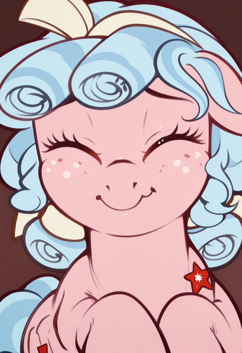 pony, 1girl, solo, feral, pony, mare, cg-mlp, pony, pegasus, pink body, red eyes, pale blue hair, ringlets, yellow hairband, freckles, face_focus, stickers, funny_picture, :3, closed_eyes, tounge_out, sticker_star,
