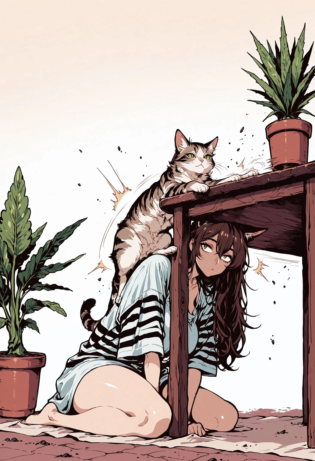 score_9, score_8_up, score_7_up, masterpiece, best quality, very aesthetic, detailed face, (dynamic:1), 1girl, catgirl, animal arms, sitting on table, pet pose, brown hair, long hair, striped white fur, animal ears, (smug:0.5), slit pupils, white pupils, pushing of table, plant pot, over the edge, full body, legs, pressing against, (pushing over the edge:1.1), oversized shirt, playing with, hitting plant-pot, flying plant pot, mid air, shattering, swiping, mature, cute, (kneeling:0.9), downwards, (falling off:1.1), sliding, flying dirt,
