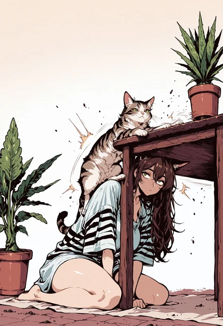 score_9, score_8_up, score_7_up, masterpiece, best quality, very aesthetic, detailed face, (dynamic:1), 1girl, catgirl, animal arms, sitting on table, pet pose, brown hair, long hair, striped white fur, animal ears, (smug:0.5), slit pupils, white pupils, pushing of table, plant pot, over the edge, full body, legs, pressing against, (pushing over the edge:1.1), oversized shirt, playing with, hitting plant-pot, flying plant pot, mid air, shattering, swiping, mature, cute, (kneeling:0.9), downwards, (falling off:1.1), sliding, flying dirt, 