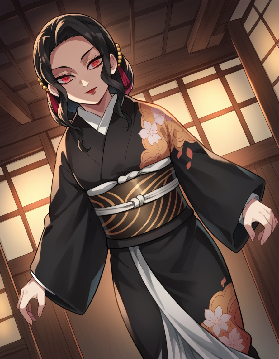 score_9, score_8_up, score_7_up, source_anime,
muzankibutsuji, <lora:muzan-kibutsuji-ponyxl-lora-nochekaiser:1>,
muzan kibutsuji, black hair, hair ornament, red eyes, red lips,
japanese clothes, wide sleeves, kimono, sash, obi, floral print, black kimono,
indoors, dojo, bent over, smile,
solo, dutch angle, looking at viewer, cowboy shot,
