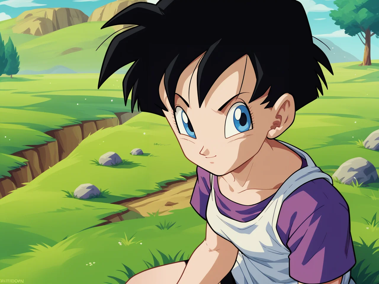 Videl, 1girl, short hair, white shirt, purple shirt, bike shorts black hair, <lora:Videl-prodigy-7:0.8>, score_9, score_8, score_8, solo, portrait, looking at viewer, outdoors, grass