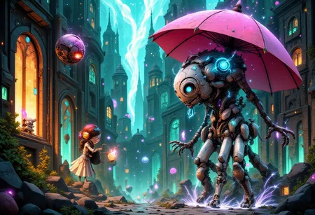Imagine a world where technology has advanced to levels previously unimaginable. Machines possess intelligence rivaling that of humans, and communication happens instantaneously without physical devices. Every aspect of daily life is streamlined, from personal transportation to home maintenance.
Robotics has evolved to create humanoid beings capable of independent thought, emotions, and movement, coexisting alongside organic life forms. Space travel becomes commonplace, with colonies established on distant planets and moons. Even the fabric of reality appears altered, with energy fields permeating the air, granting powers once reserved for gods.
And stand there a robot from the 1900's made of analog stereo equipment, holding an umbrella in the rain.
big-eyes, nature, watercolor, contemporary, humor, ornate, colorful, illustration, romance, vibrant, concept-art, Figurativism, pastel-colors, characters, digital, dreaminess, environmentalism, fantasy, manga-anime, whimsy, dark, magic, other-worldliness, surreal,
beautiful, painterly, detailed, textural, artistic, aesthetic, intricate details, highly detailed, vivid, vibrant,
aidmafluxpro1.1, WackyGraphDaal