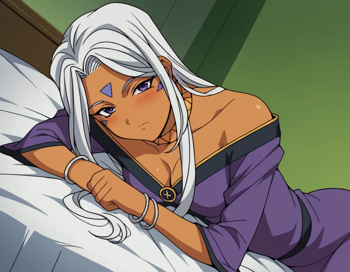 score_9, score_8_up, score_7_up, source_anime,
goddessurd, <lora:goddess-urd-s2-ponyxl-lora-nochekaiser:1>,
goddess urd, long hair, purple eyes, white hair, dark skin, dark-skinned female, facial mark, forehead mark,
cleavage, bare shoulders, jewelry, choker, off shoulder, bracelet, dress, purple dress,
indoors, bed, bed room, on side, blush, drunk,
looking at viewer, cowboy shot, solo, dutch angle,