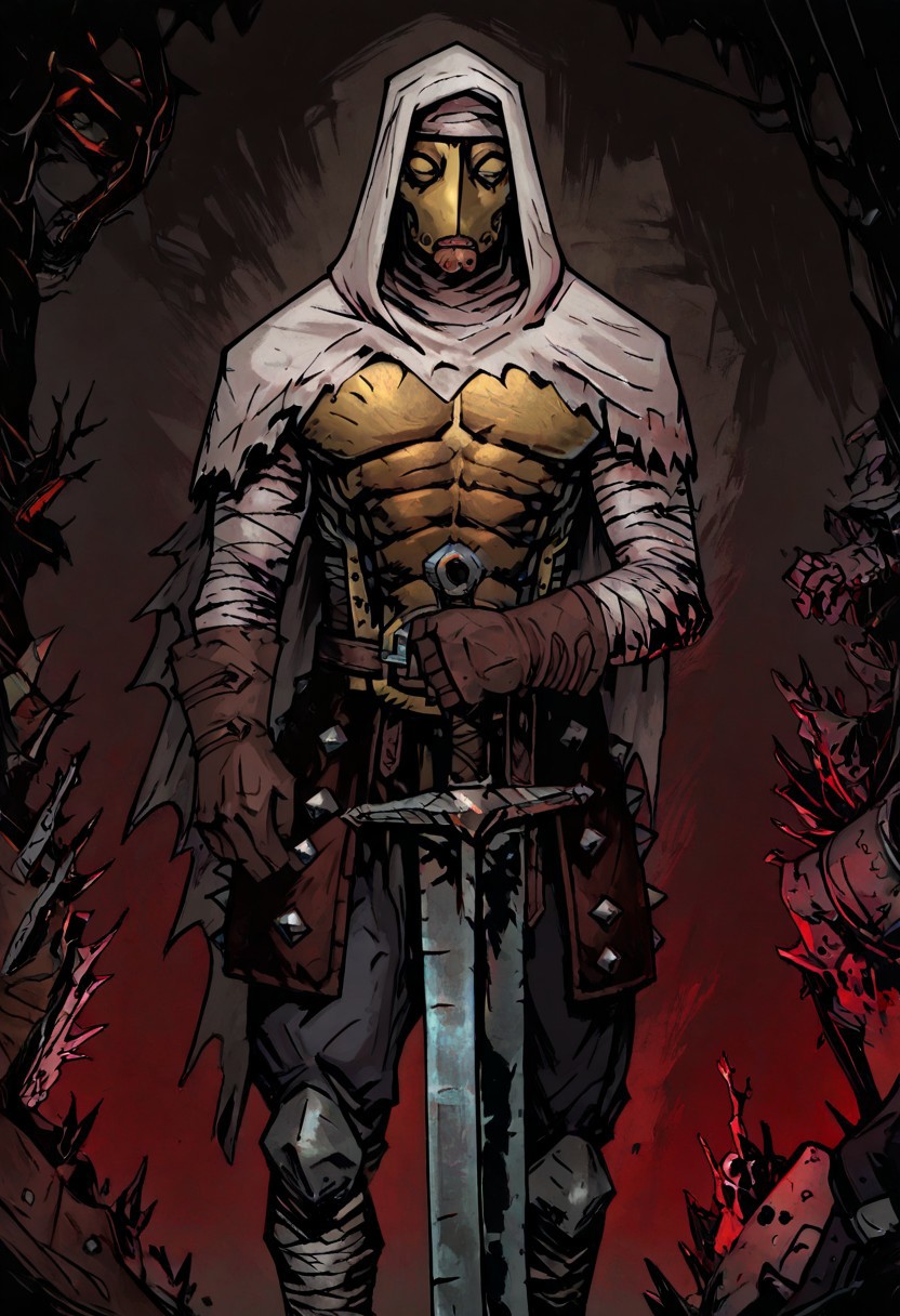 masterpiece, best quality, newest, absurdres, highres, TTCSV1.0,
solo, solo focus, 1boy, DDLEP-V1.0, armor, mask, metal mask, golden mask, gloves, brown gloves, bandages, hood, hood up, abs, holding, holding sword, sword, weapon, holding weapon, planted sword, planted weapon,
