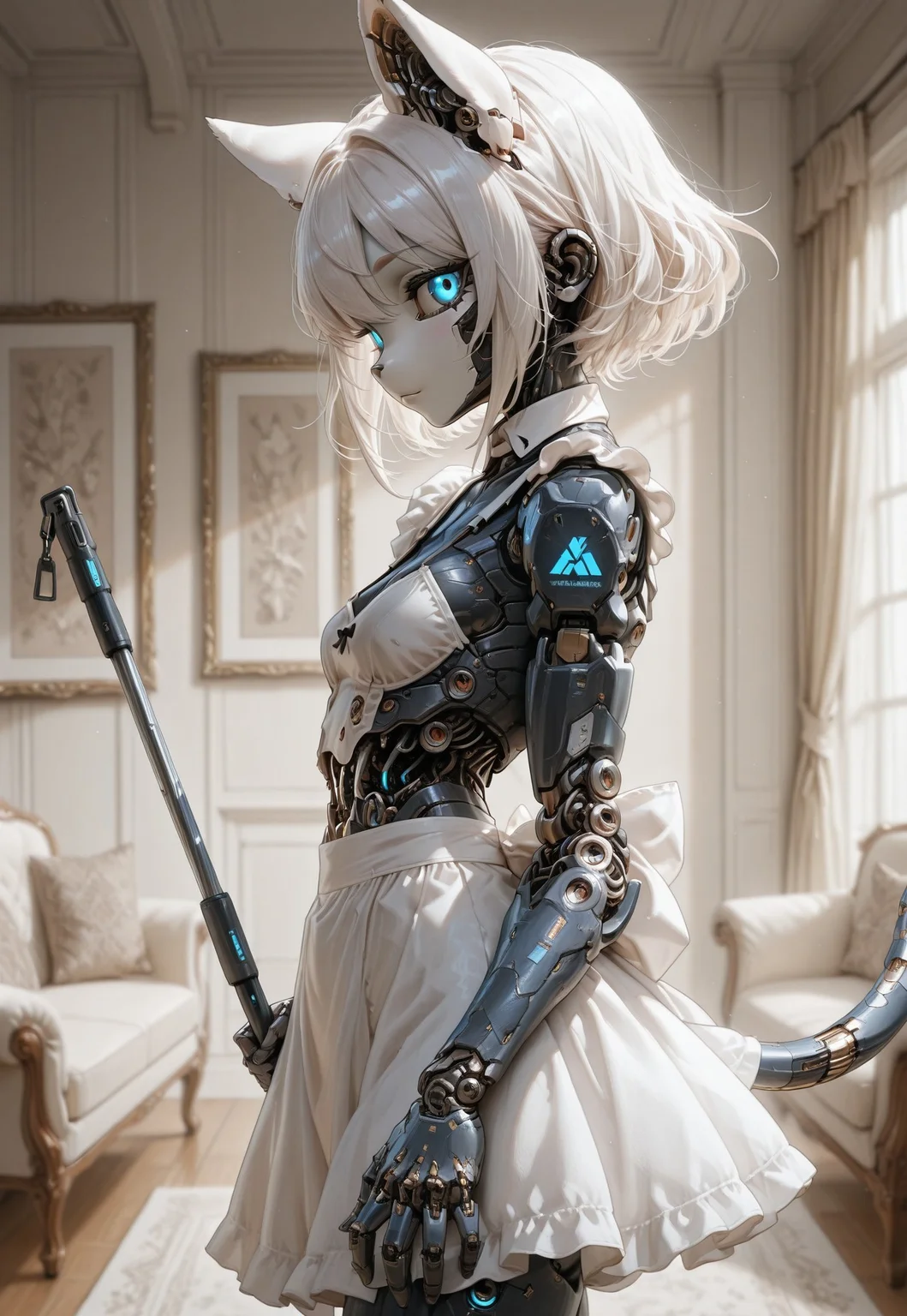 Anime cyber warrior japan girl, stylized digital illustration of a female cybernetic samurai 1girl, solo, furry female, cat girl, robot girl, lens eyes, robot joints, mechanical parts, glowing eyes, white skin, blue eyes, small breasts, medium hair,
maid dress, holding mop, light smile, sideways glance,
from side, living room,
BREAK masterpiece, best quality, amazing quality, absurdres,
