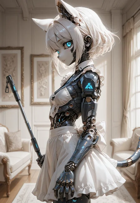 Anime cyber warrior japan girl, stylized digital illustration of a female cybernetic samurai 1girl, solo, furry female, cat girl, robot girl, lens eyes, robot joints, mechanical parts, glowing eyes, white skin, blue eyes, small breasts, medium hair,
maid dress, holding mop, light smile, sideways glance,
from side, living room,
BREAK masterpiece, best quality, amazing quality, absurdres,