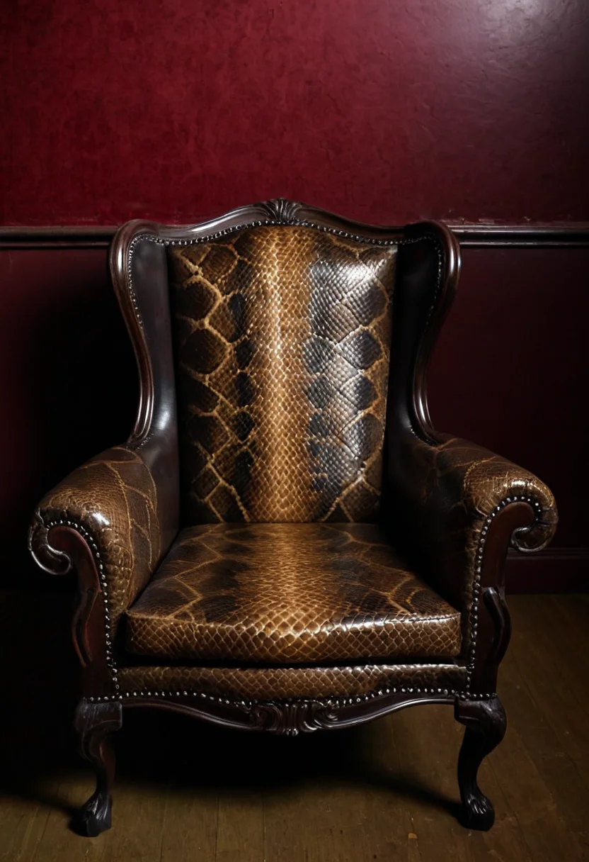 photograph of snake skin chair. dark old club room
<lora:snake_v1:0.5>