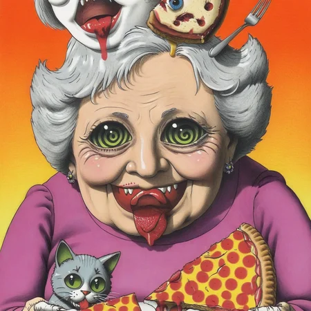 Surreal psychedelic bizarre, Grandma and the cat are eating pies, by JimmyAlonzo <lora:Jimmy_Alonzo:1>