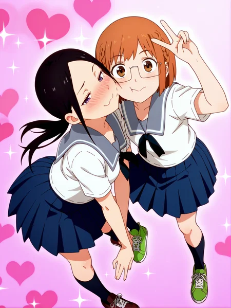 masterpiece, best quality, amazing quality, absurdres, newest, dynamic_angle, defined facial features, 2girls, yuri, love heart background,
<lora:4in1_Chio_Manana_Yuki_Chiharu_ILv0a:0.8> m@nana n0nomura, blush, sparkle, full body, smug, school uniform, serafuku, black ribbon, blue pleated skirt, brown loafers, black long socks ADDCOL , kissing cheek,
chi0 miyam0, glasses, braid, short hair, school uniform, serafuku, black ribbon, blue pleated skirt, green sneakers, v, full body, pose, black long socks