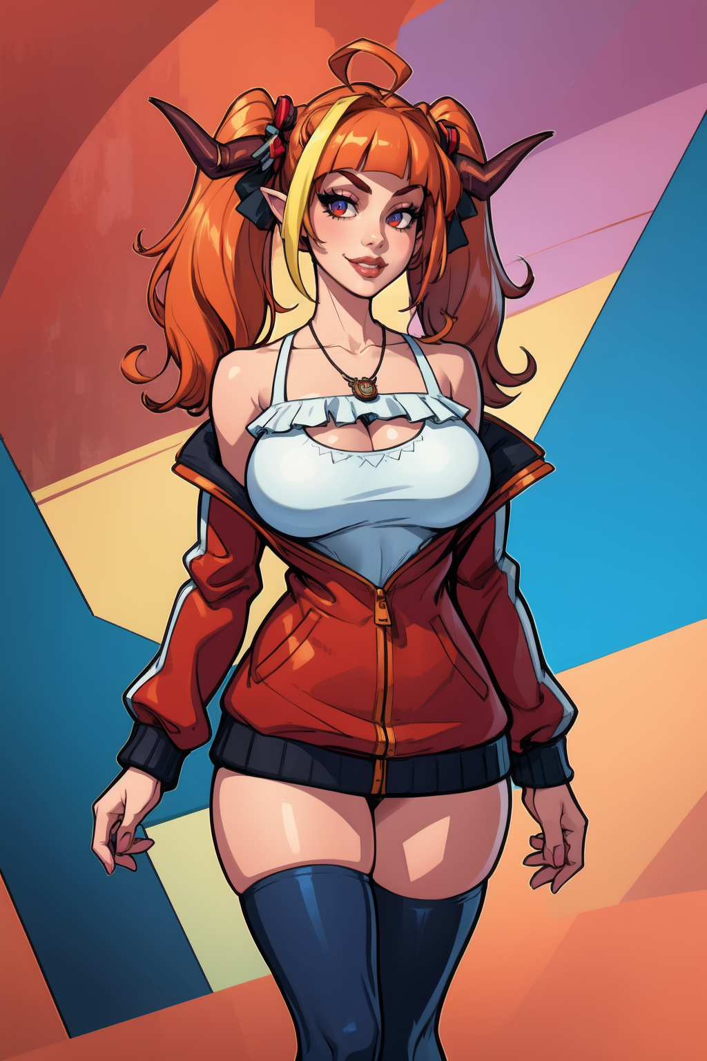 1girl, (solo:1.2), curvy, (masterpiece:1.2), (best quality:1.2), (perfect anatomy:1.4), (standing proud:1.4), (confident:1.2), smile
<lora:Reiq [MockAi - v1.0]:0.8> reiq, (large breasts:1.2), (cowboy shot:1.2), (stylized background:1.2), abstract background, pop art background, <lora:Hololive - Kiryu Coco [h_madoka - v1.0]:0.7> hmcoco, twintails, streaked hair, horn bow, necklace, collarbone, bare shoulders, partially unzipped, red jacket, track jacket, long sleeves, white camisole, frills, cleavage cutout, black thighhighs