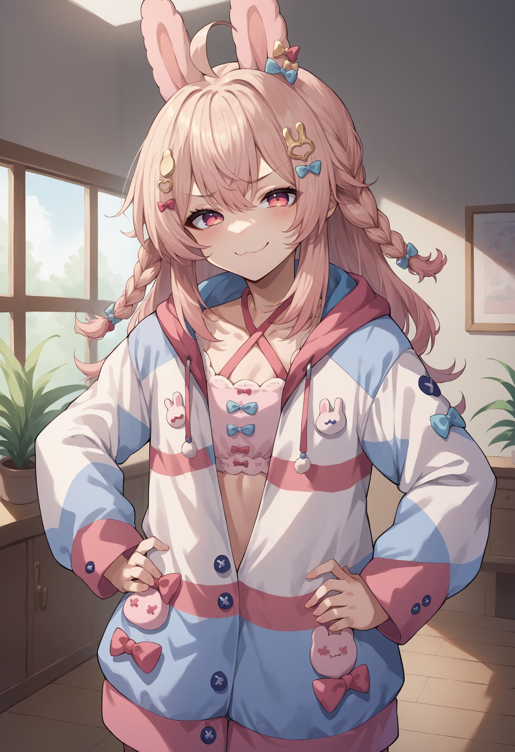 score_9, score_8_up, source_anime, PippaBase, long hair, braid, ahoge, hair ornament, hair bow, multicolored jacket, criss-cross halter, indoors, hands on hips, smile, smug, <lora:ChamPippaPipkinPonyXL-000008:1>