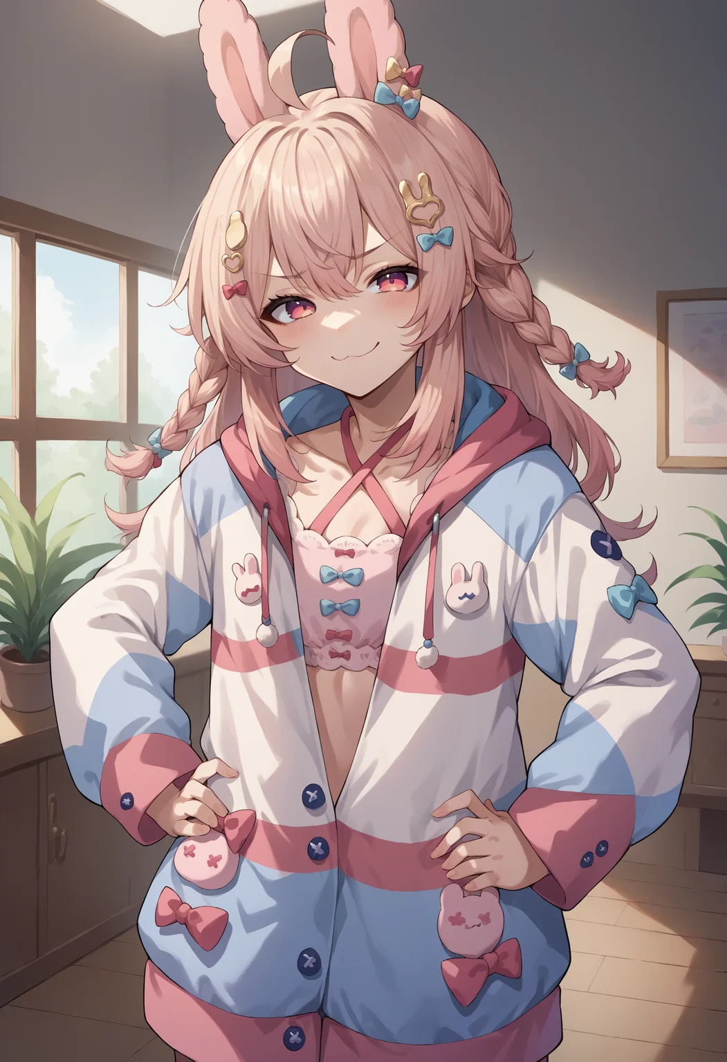 score_9, score_8_up, source_anime, PippaBase, long hair, braid, ahoge, hair ornament, hair bow, multicolored jacket, criss-cross halter, indoors, hands on hips, smile, smug, <lora:ChamPippaPipkinPonyXL-000008:1>