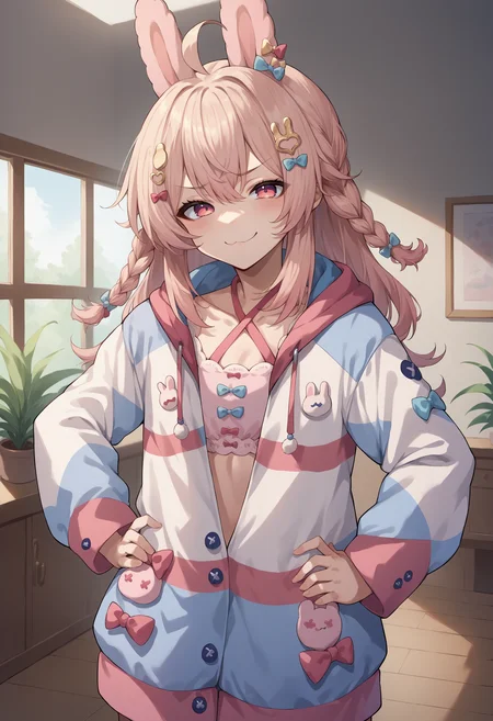 score_9, score_8_up, source_anime, PippaBase, long hair, braid, ahoge, hair ornament, hair bow, multicolored jacket, criss-cross halter, indoors, hands on hips, smile, smug, <lora:ChamPippaPipkinPonyXL-000008:1>