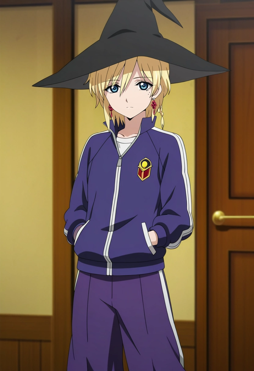 masterpiece, best quality, intricate details, anime screencap, , official style, looking at viewer, 1boy, solo, male focus, <lora:titus_alexius_ilxl:0.94>, titus_alexius, blonde hair, blue eyes, short hair, braid, mole, mole under eye, earrings, witch hat, , Lavender Wide-leg pants, Track jacket, , , Torque and