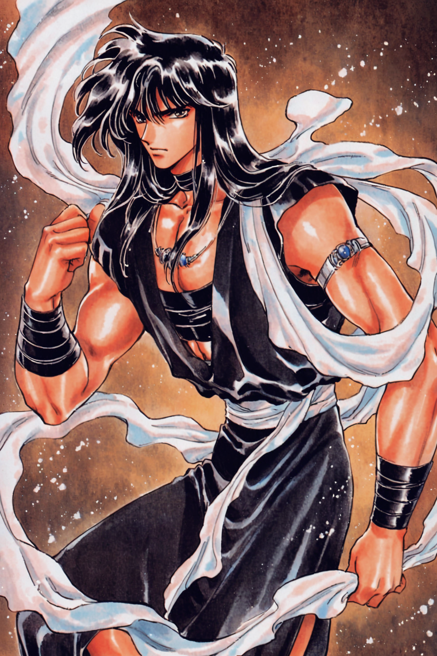 Yaksha,solo,long hair,black hair,male focus,1boy,retro artstyle,1990s (style),traditional media,<lora:RG Veda_XL:0.8>,
